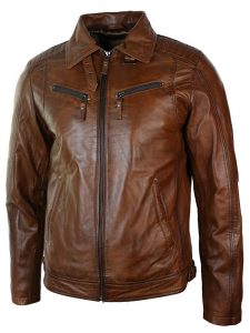 Mens Distressed Leather Biker Jacket Belted Brown Fur Collar