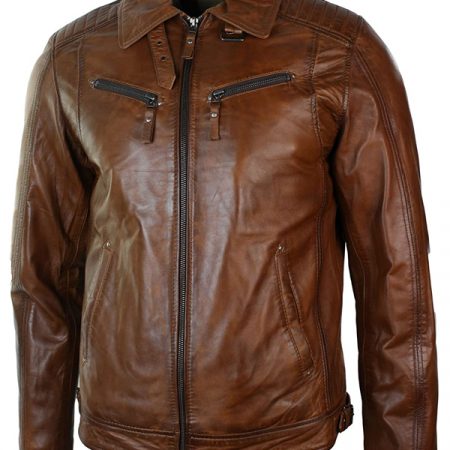 Mens Distressed Leather Biker Jacket Belted Brown Fur Collar