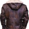 Men Aviator Leather Bomber Jacket with Fur Hood Brown Back