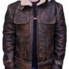 Men Aviator Leather Bomber Jacket with Fur Hood Brown