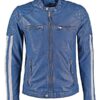 Mens Cafe Racer Leather Biker Jacket Blue with White Stripes Front