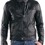 Mens Real Sheepskin Leather Cafe Racer Biker Jacket Black