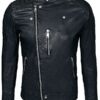 Mens Cafe Racer Sheepskin Leather Biker Jacket Black FRONT