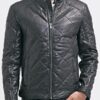 Mens Diamond Quilted Real Sheepskin Leather Jacket Black Front