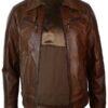 Mens Distressed Leather Biker Brown Fur Collar