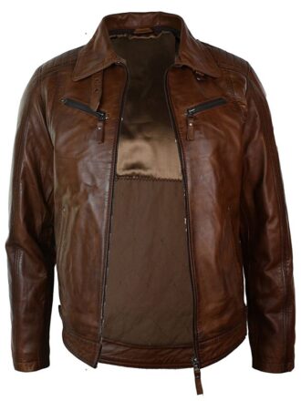 Mens Distressed Leather Biker Jacket Belted Brown Fur Collar