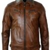 Mens Distressed Leather Biker Jacket Belted Brown Fur Collar