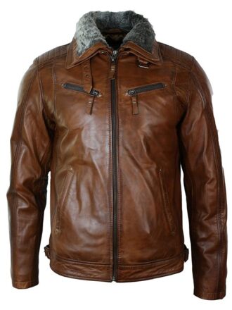 Mens Distressed Leather Biker Jacket Belted Brown Fur Collar