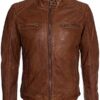 Mens Fashion Waxed Sheepskin Leather Jacket Brown FRONT