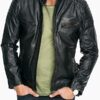 Mens Quilted Rub Off Goatskin Leather Jacket Distressed Black Front