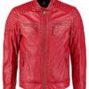 Mens Waxed Sheepskin Quilted Leather Biker Jacket Red Front