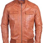 Mens Waxed Sheepskin Leather Bomber Jacket Brown