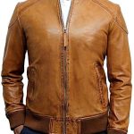 Mens Waxed Sheepskin Leather Bomber Jacket Tan / Brown