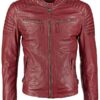 Mens Waxed Sheepskin Quilted Leather Jacket Maroon Red Front