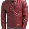 Mens Waxed Sheepskin Quilted Leather Jacket Maroon Red Front 2