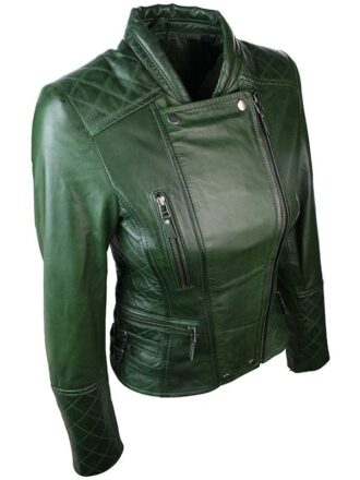 Womens Slim FIt Diamond Quilted Leather Biker Jacket Green