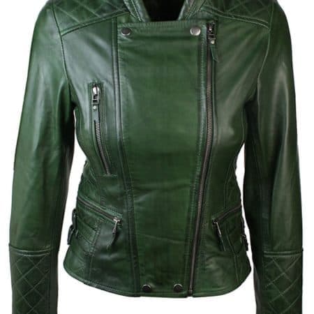 Womens Slim FIt Diamond Quilted Leather Biker Jacket Green