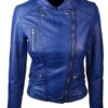 Women Slim FIt Diamond Quilted Leather Biker Jacket Blue