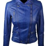 Womens Slim Fit Diamond Quilted Leather Biker Jacket Blue