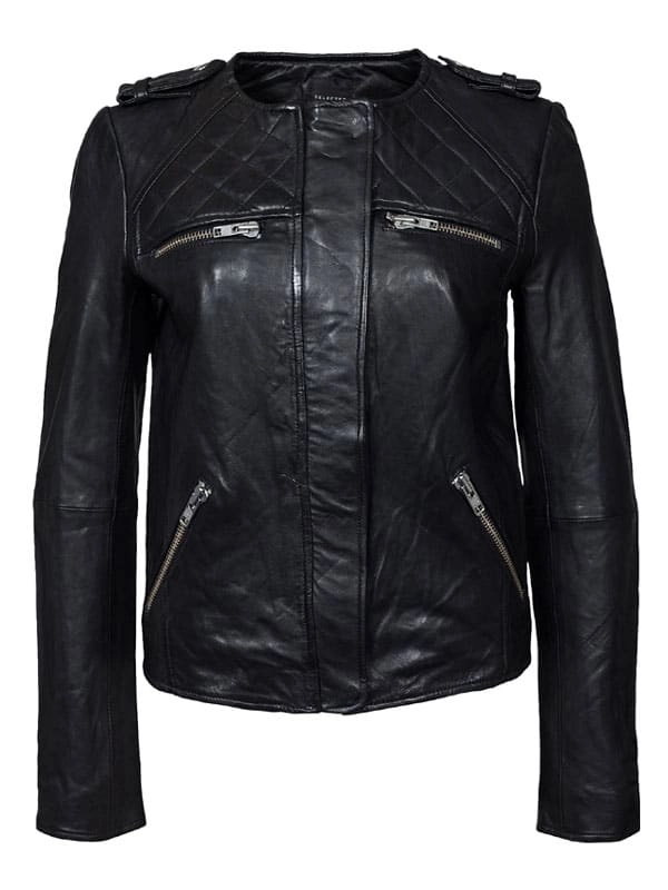 Women White Quilted Zippers Leather Jacket