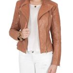 Womens Quilted Leather Jacket Tan Brown Golden Hardware