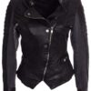 Womens Slim Fit Diamond Quilted Leather Biker Jacket Black 03