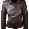 Womens Slim Fit Leather Jacket with Hood Chocolate Brown 2