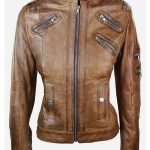 Womens Slim Fit Vintage Punk Leather Biker Jacket Brown