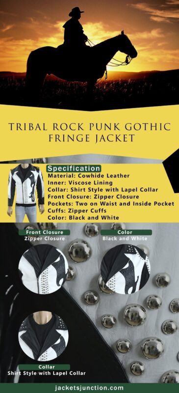 Tribal Rock Punk Gothic Rivet Studded Biker Fringe Jacket Infographic banner