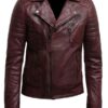 Men Cross Zipper Burgundy Motorcycle Jacket