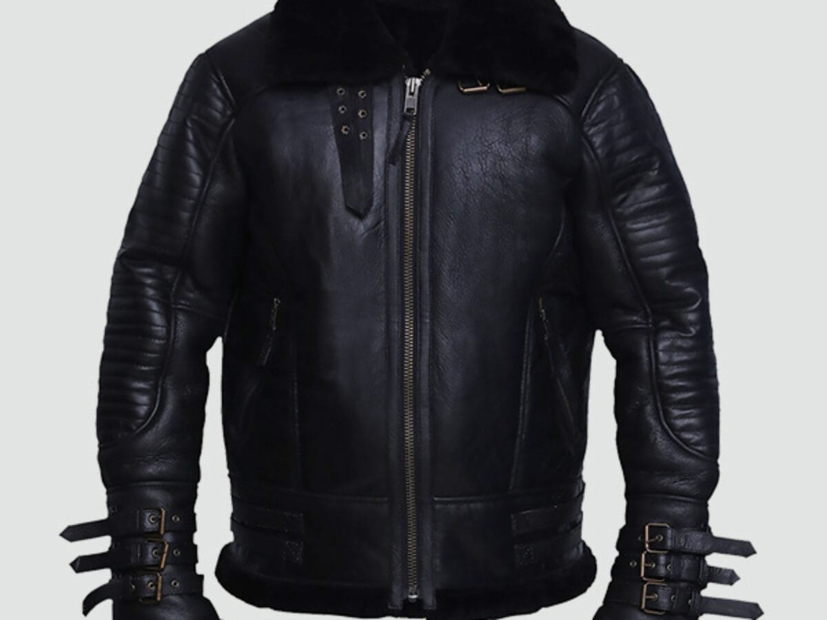 Mens Black Shearling Biker Leather Jacket - JacketsJunction