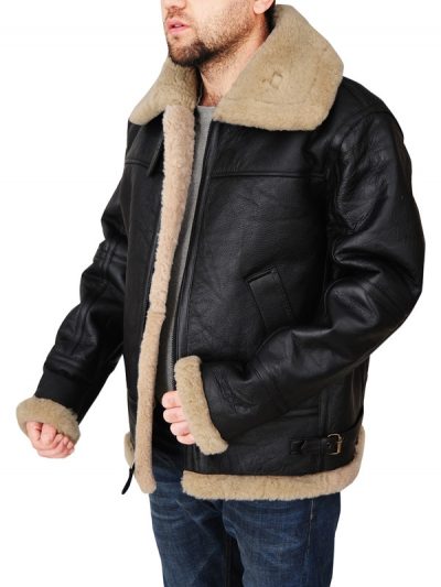 Men's White Faux Fur Black Leather Jacket - Black Shearling Jacket