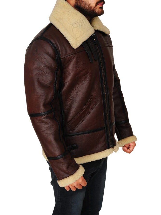 Mens Shearling Brown Bomber Leather Jacket | B3 Jacket