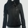 Womens Sheepskin Large Collar Black Leather Jacket