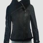 Womens Sheepskin Long Collar Black Leather Jacket