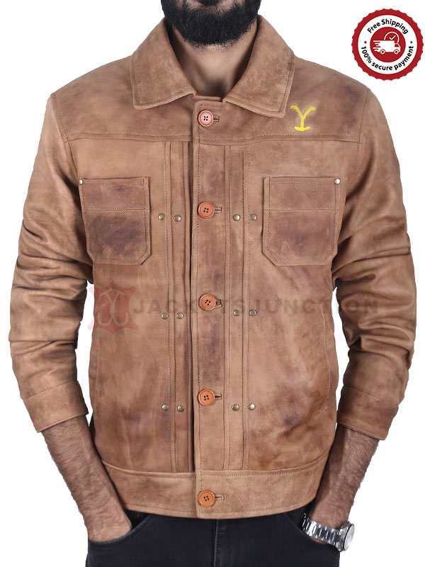 Luke Grimes Yellowstone Brown Leather Jacket Front