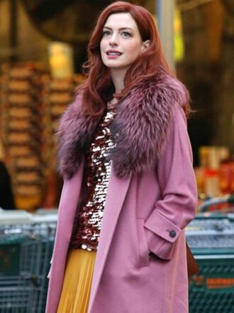 Modern Love Anne Hathaway Pink Shearling Coat - JacketsJunction