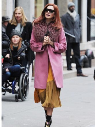 Modern Love Anne Hathaway Pink Shearling Coat - JacketsJunction