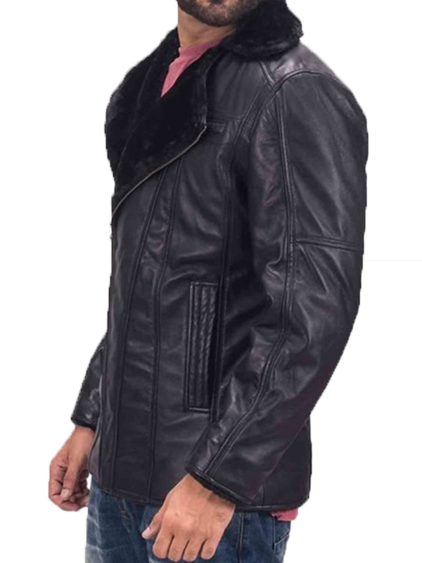 Mens Black Biker Leather Jacket Shearling Leather Coat