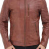 Mens Brown Leather Biker Jacket Front