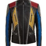 Men's Studded Slimfit Multicolor Leather Jacket