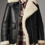 Women's Aviator Ivory Shearling Black Leather Jacket