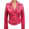 Womens Golden Studded Pink Biker Leather Jacket