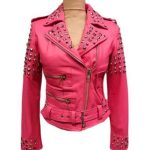 Women's Golden Studded Pink Biker Leather Jacket