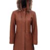 Women's Brown Fur Hooded Leather Coat