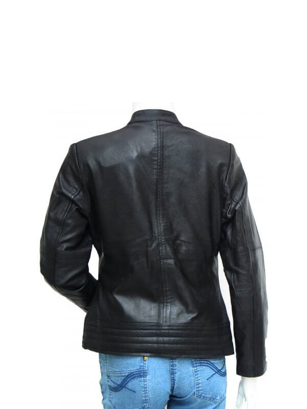 Black Quilted Design Black Leather Jacket For Women's