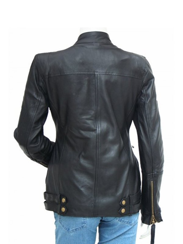 Golden Zipper Black Leather Motorcycle Jacket For Women's