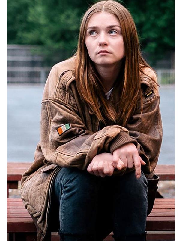 Jessica Barden The End of the Fing World Alyssa Distressed Brown Leather Jacket