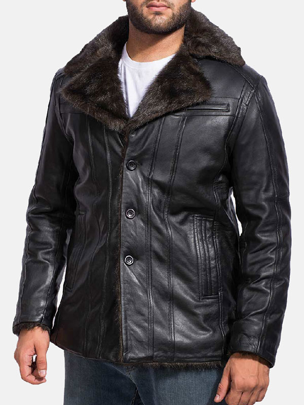 Men's Black Leather Fur Coat