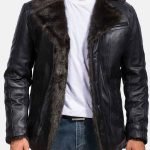 Men's Faux Fur Black Leather Aviator coat